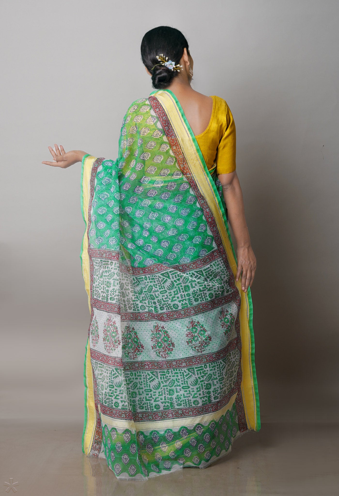 Green Pure Block Printed Kota Cotton Saree-UNM71489
