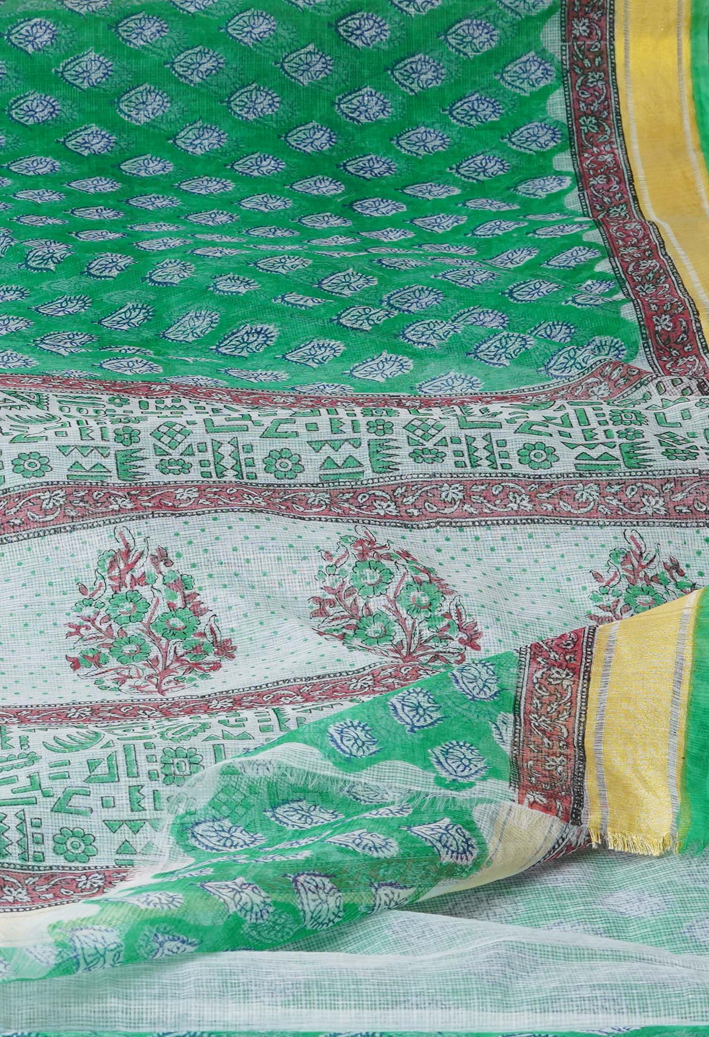 Green Pure Block Printed Kota Cotton Saree-UNM71489