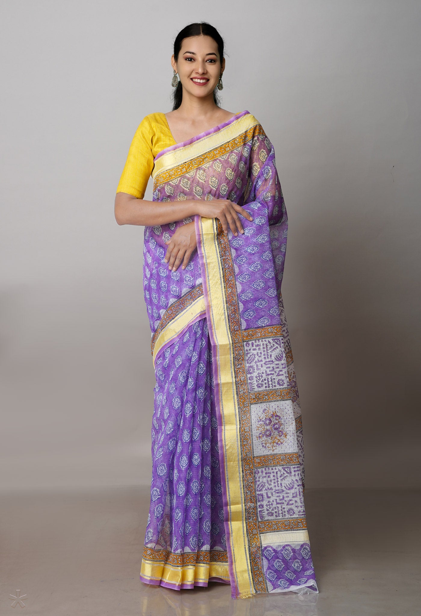 Purple Pure Block Printed Kota Cotton Saree-UNM71490