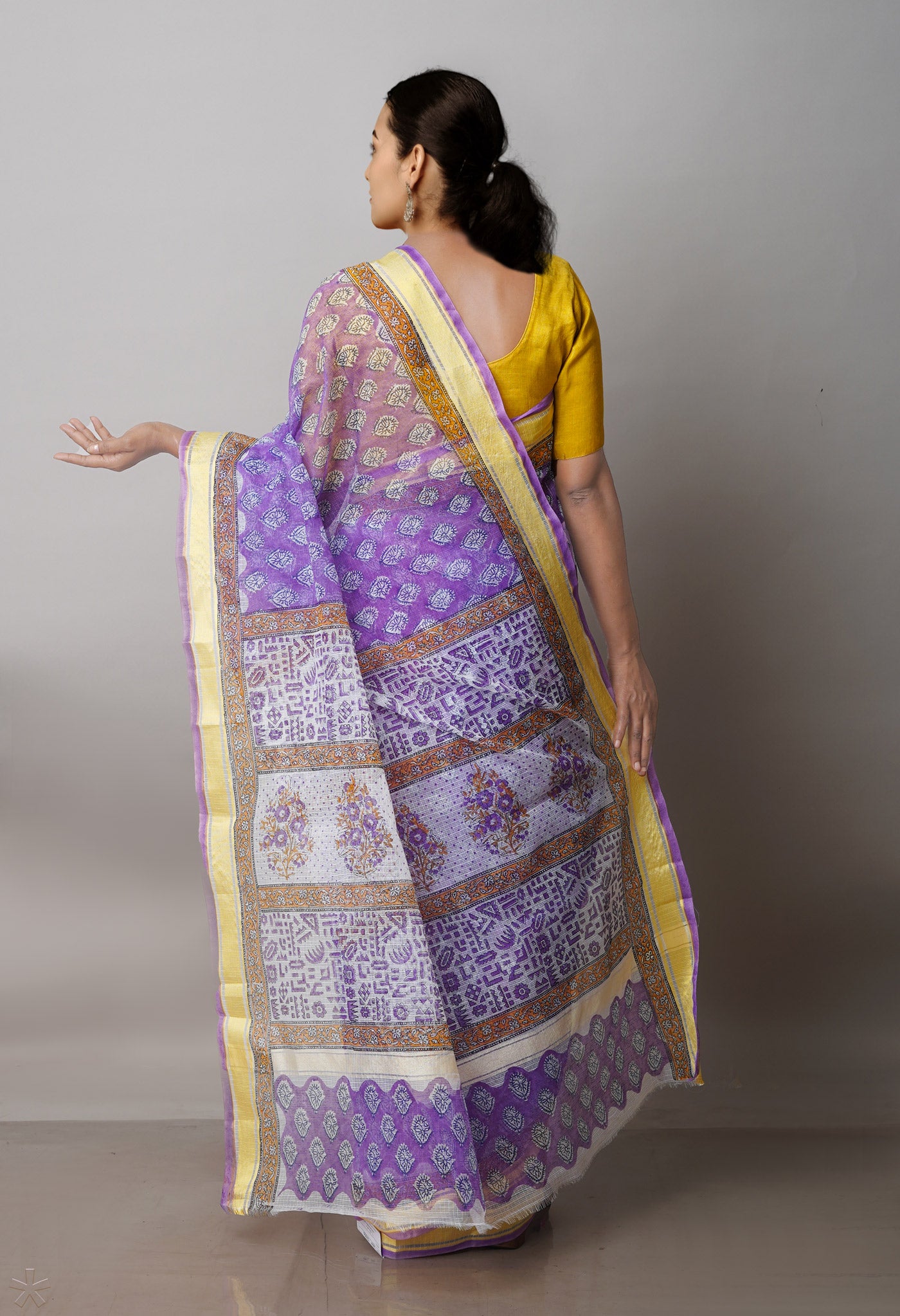 Purple Pure Block Printed Kota Cotton Saree-UNM71490