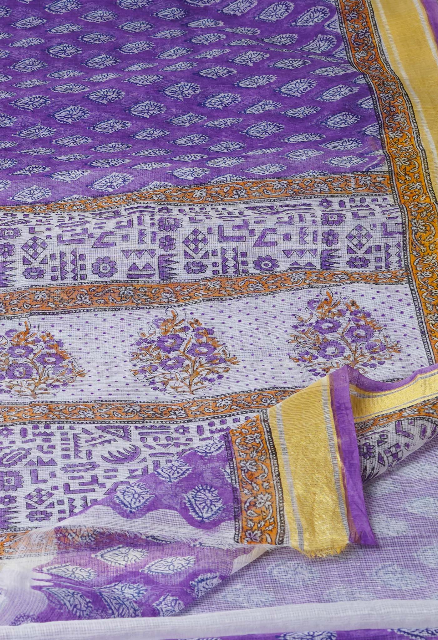 Purple Pure Block Printed Kota Cotton Saree-UNM71490