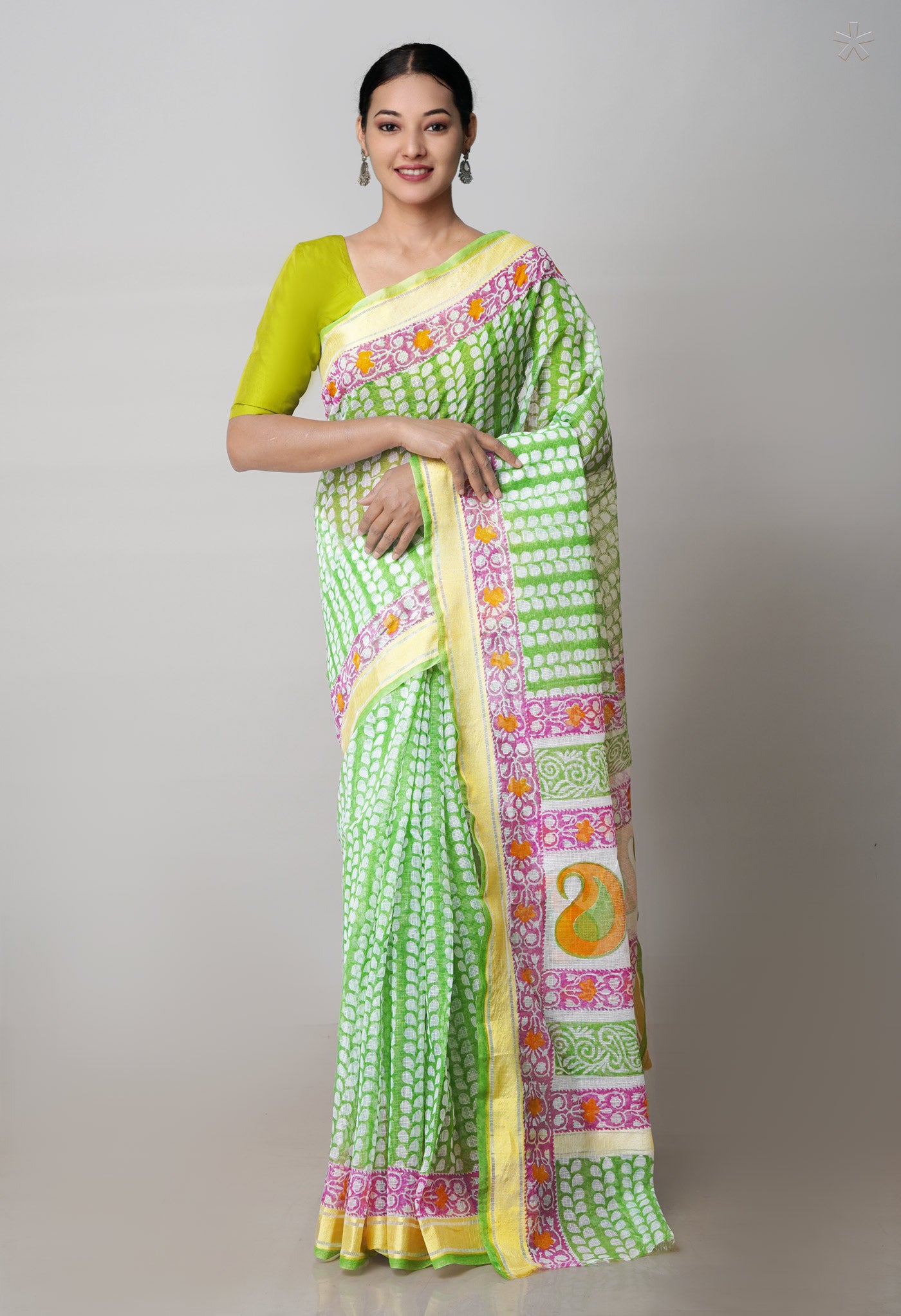 Green Pure Block Printed Kota Cotton Saree-UNM71537