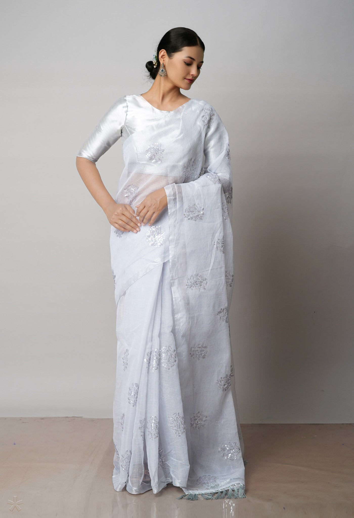 Grey Pure Sequence Embroidery Kota Cotton Saree