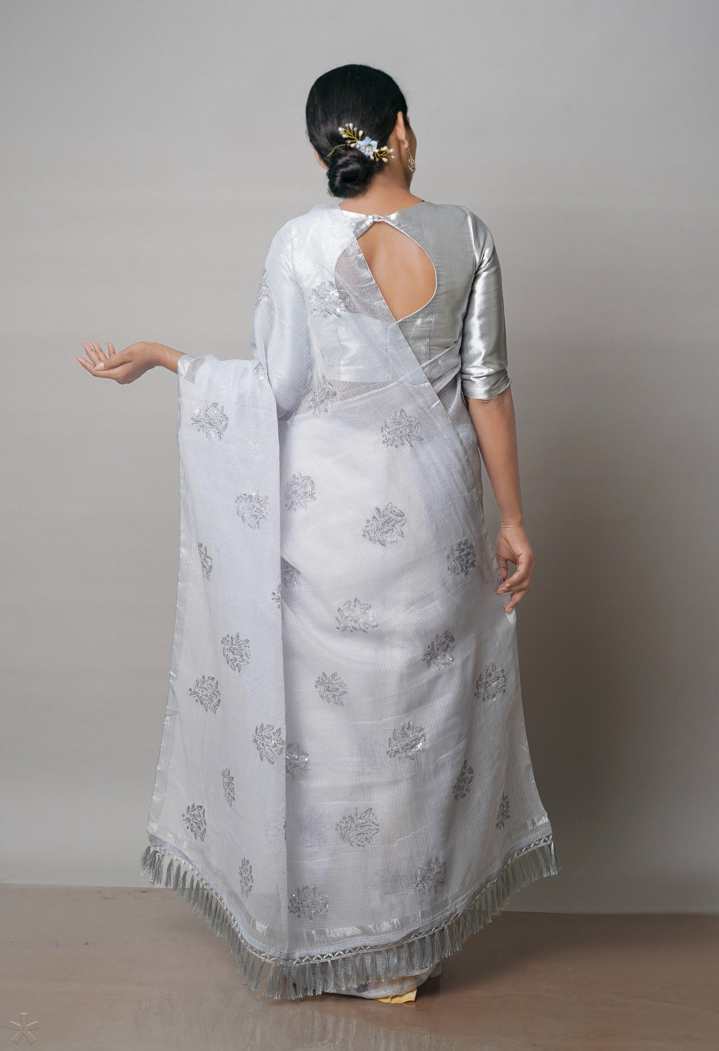 Grey Pure Sequence Embroidery Kota Cotton Saree