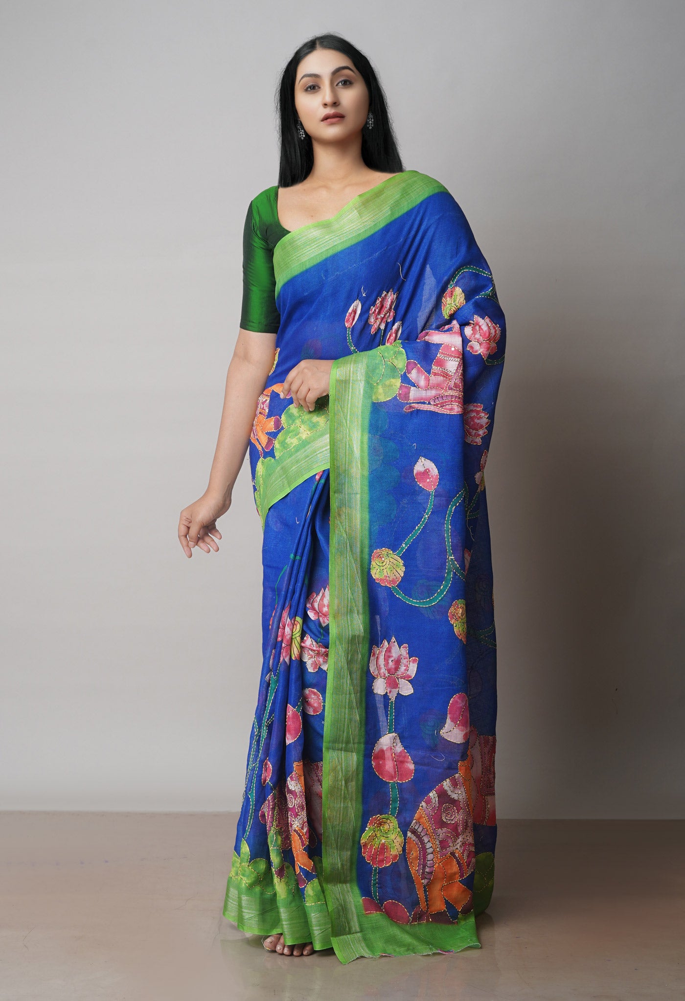 Dark Blue Digital Printed Linen Saree With Hand Kantha Work -UNM71717