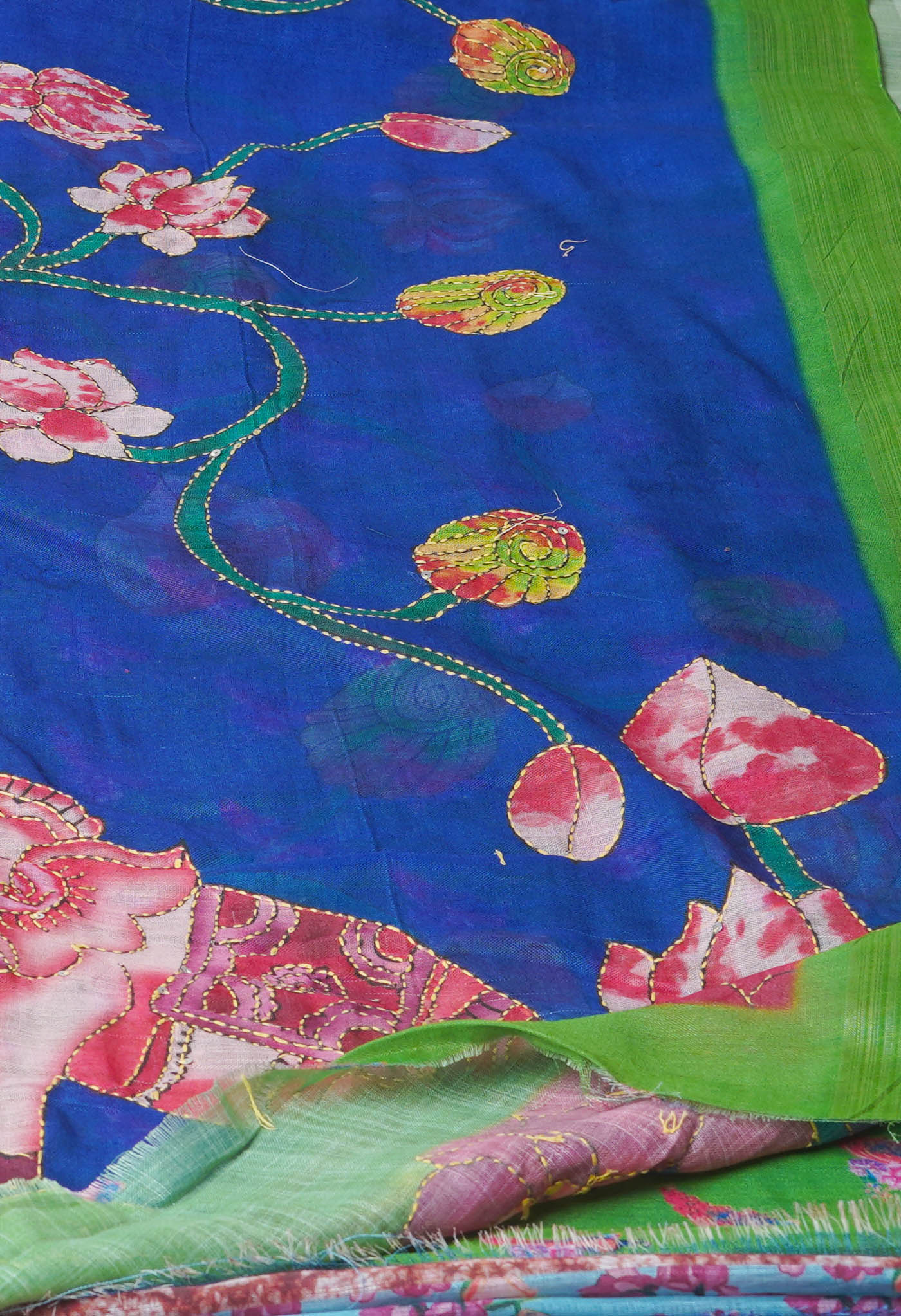 Dark Blue Digital Printed Linen Saree With Hand Kantha Work -UNM71717