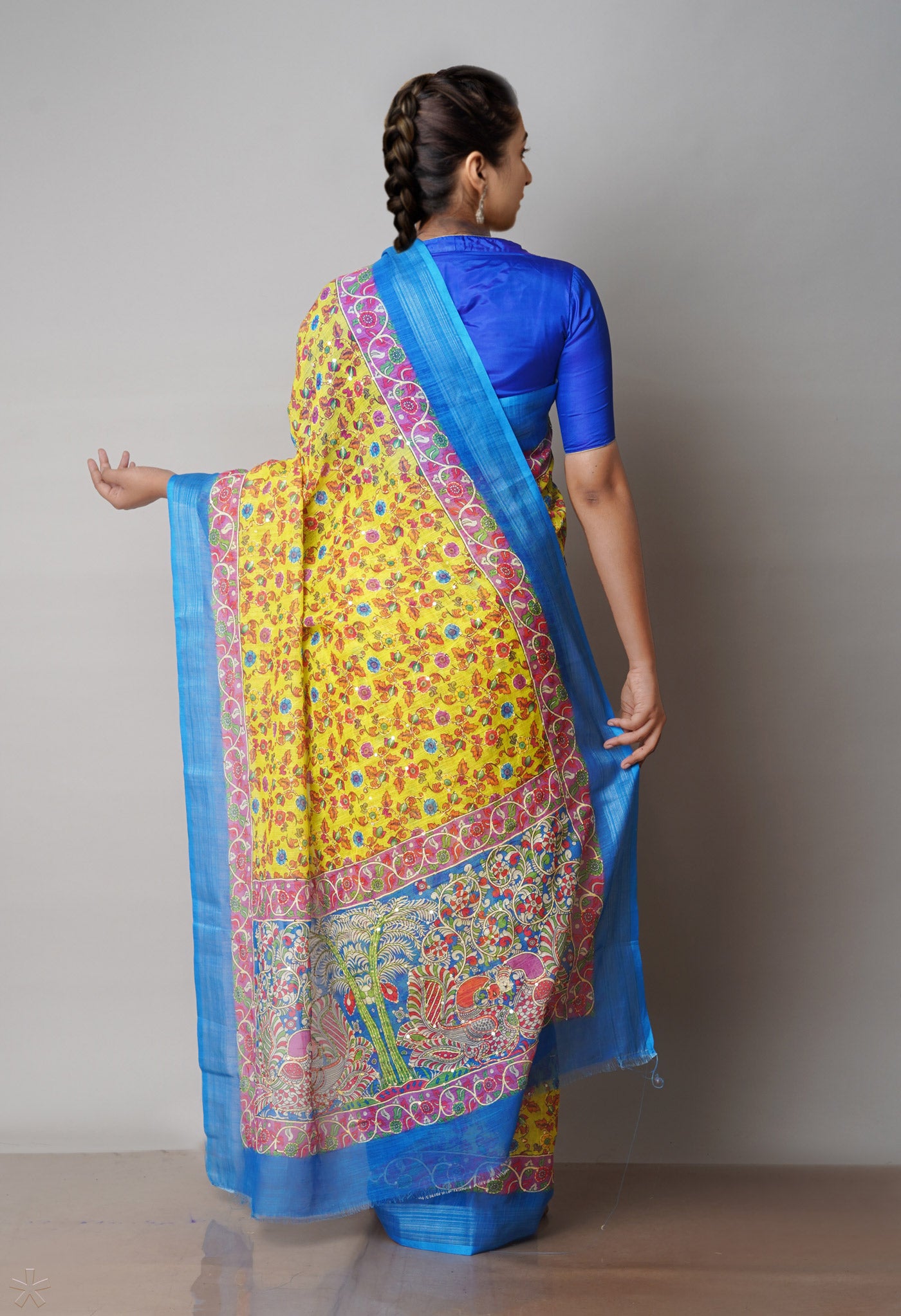 Yellow Digital Printed Linen Saree With Hand Kantha Work