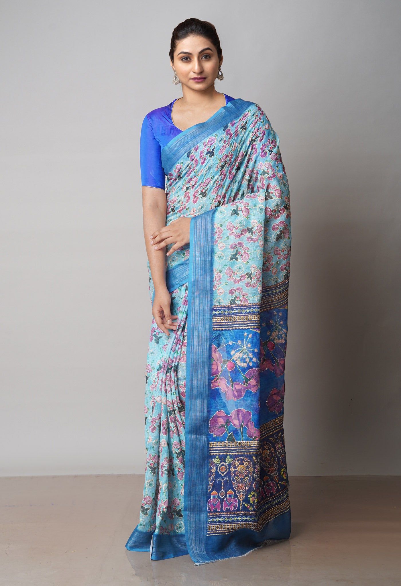 Pale Blue Digital Printed Linen Saree With Hand Kantha Work