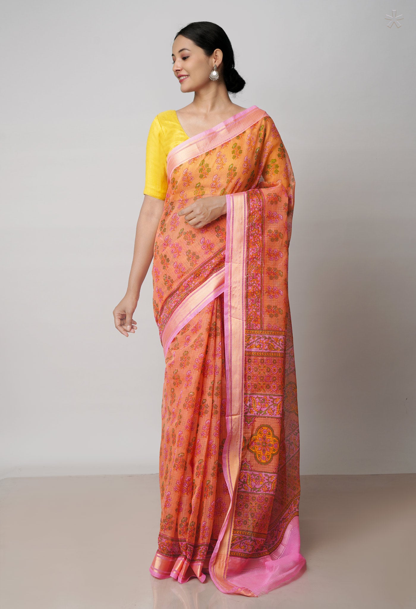 Orange Pure Block Printed Kota Cotton Saree-UNM71736