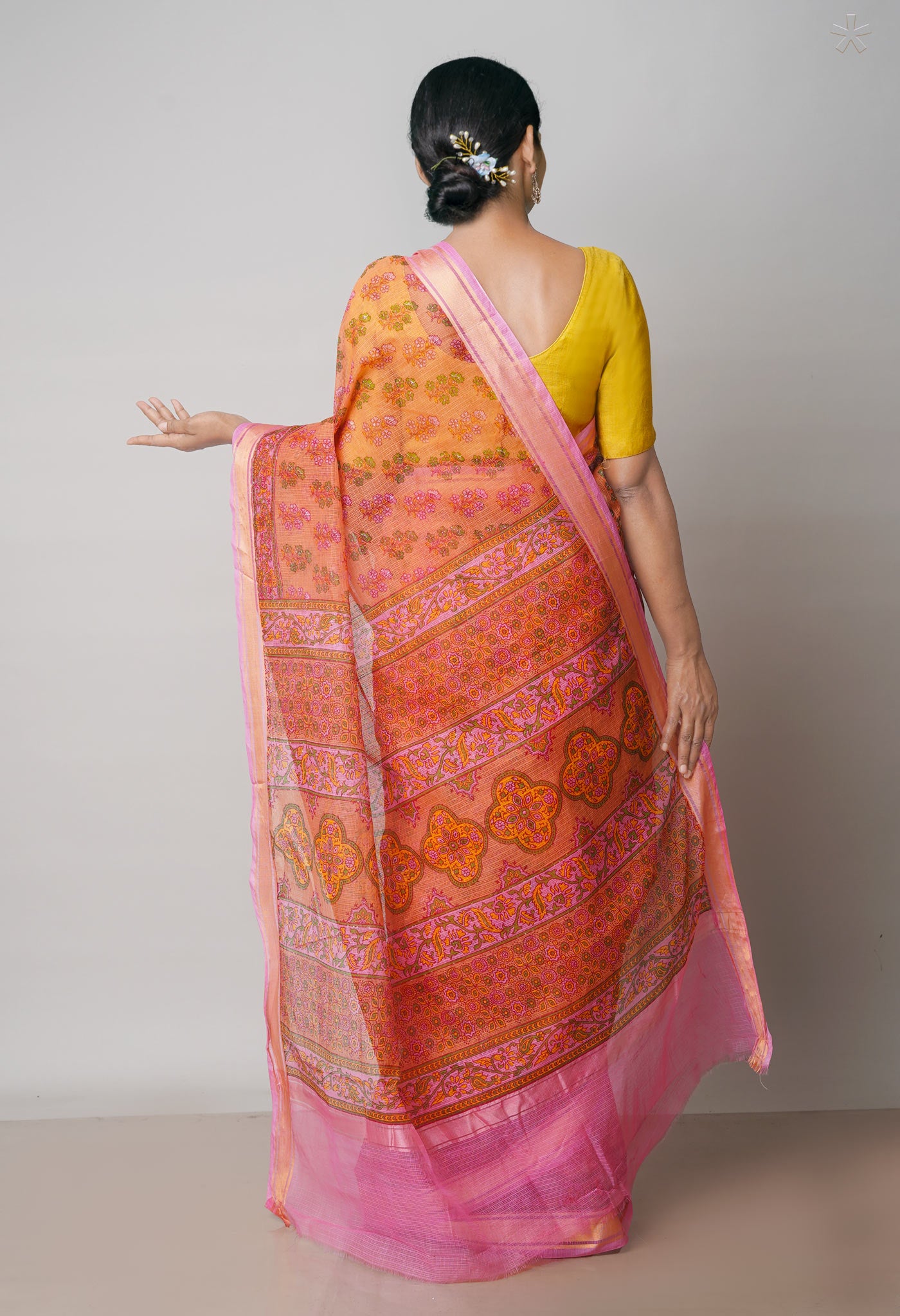 Orange Pure Block Printed Kota Cotton Saree-UNM71736