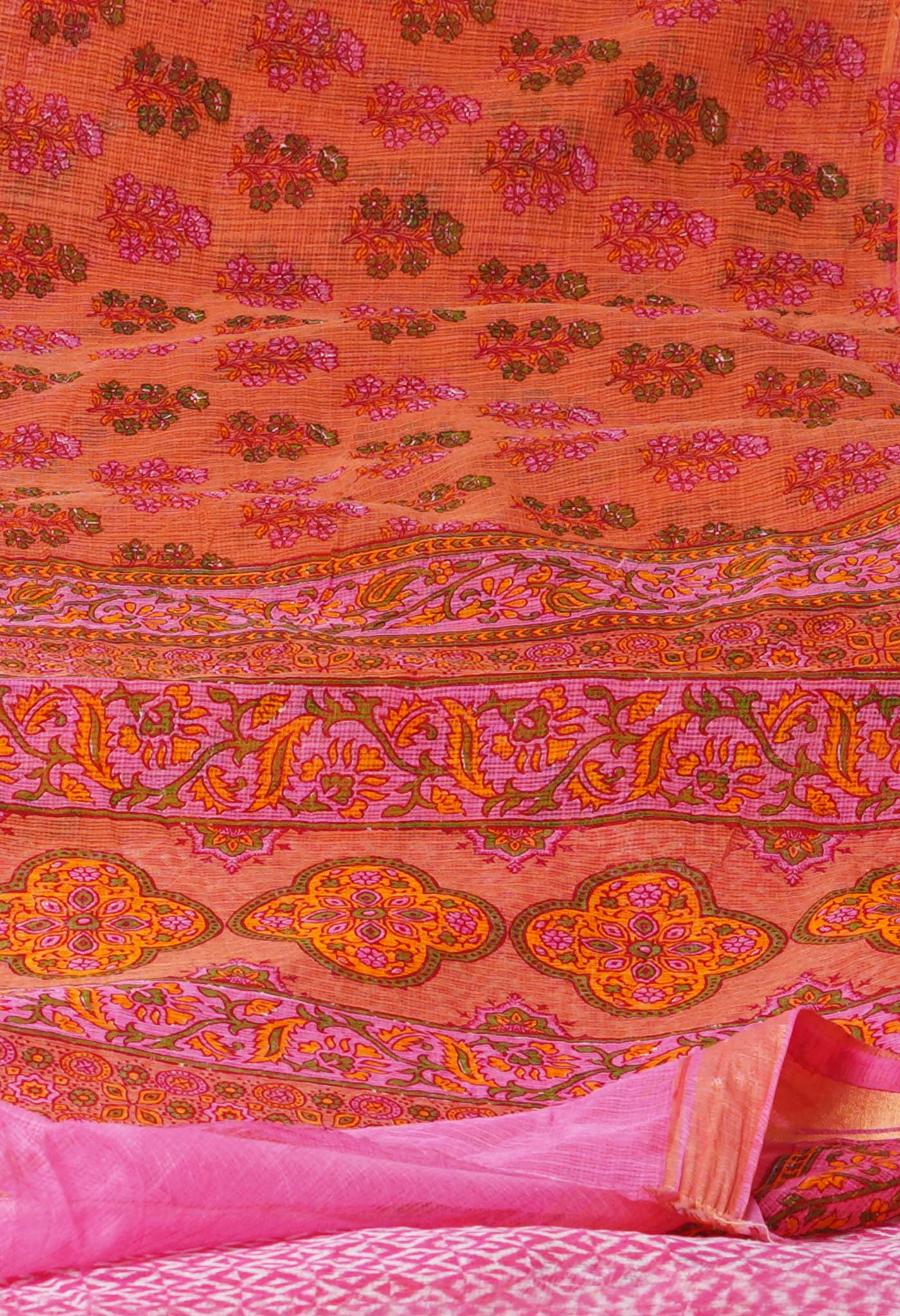 Orange Pure Block Printed Kota Cotton Saree-UNM71736