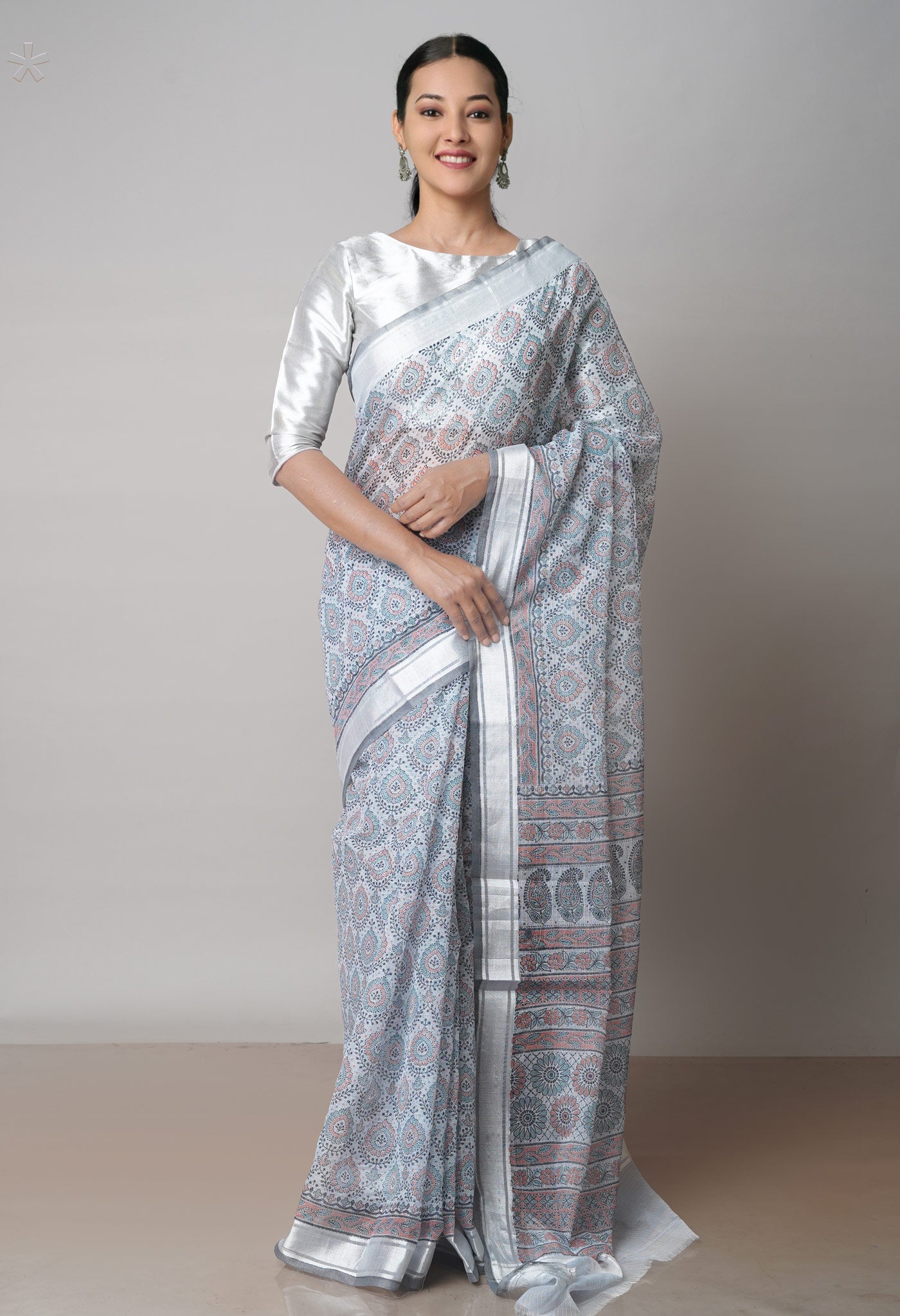 Pale Grey Pure Block Printed Kota Cotton Saree-UNM71742