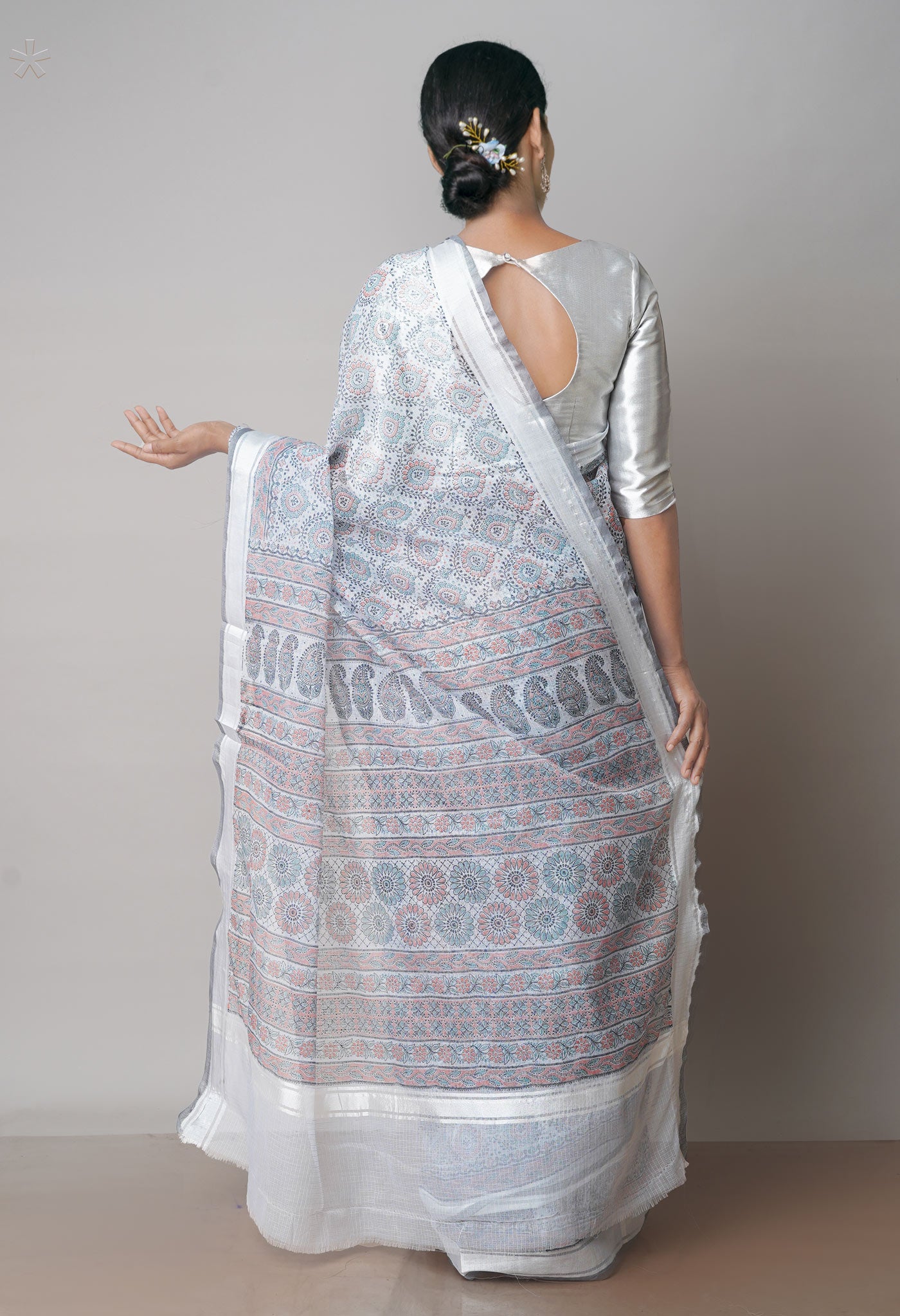 Pale Grey Pure Block Printed Kota Cotton Saree-UNM71742