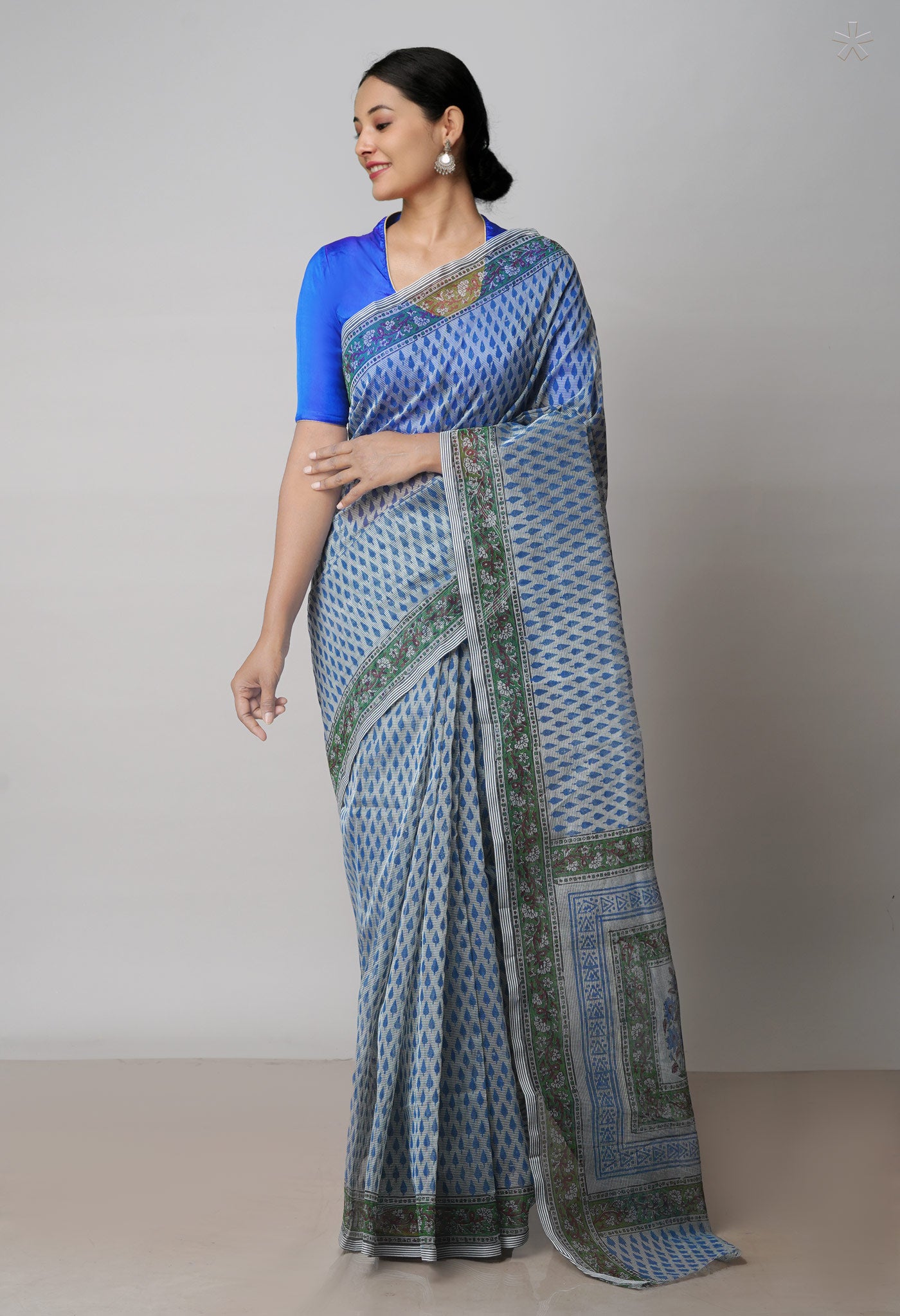 Grey Block Printed Meghalaya Checks Supernet Saree With Dabu Printed BlousePiece-UNM71782