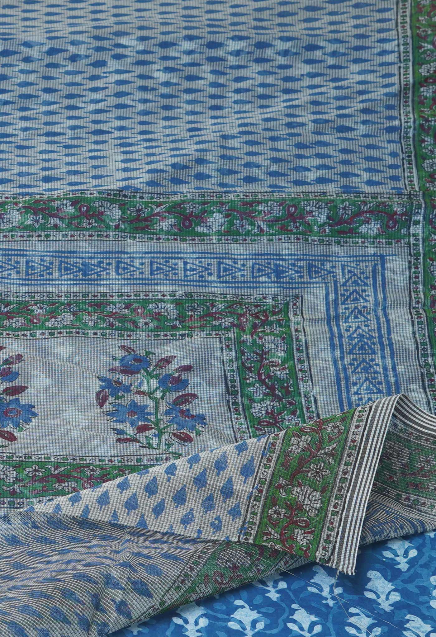 Grey Block Printed Meghalaya Checks Supernet Saree With Dabu Printed BlousePiece-UNM71782
