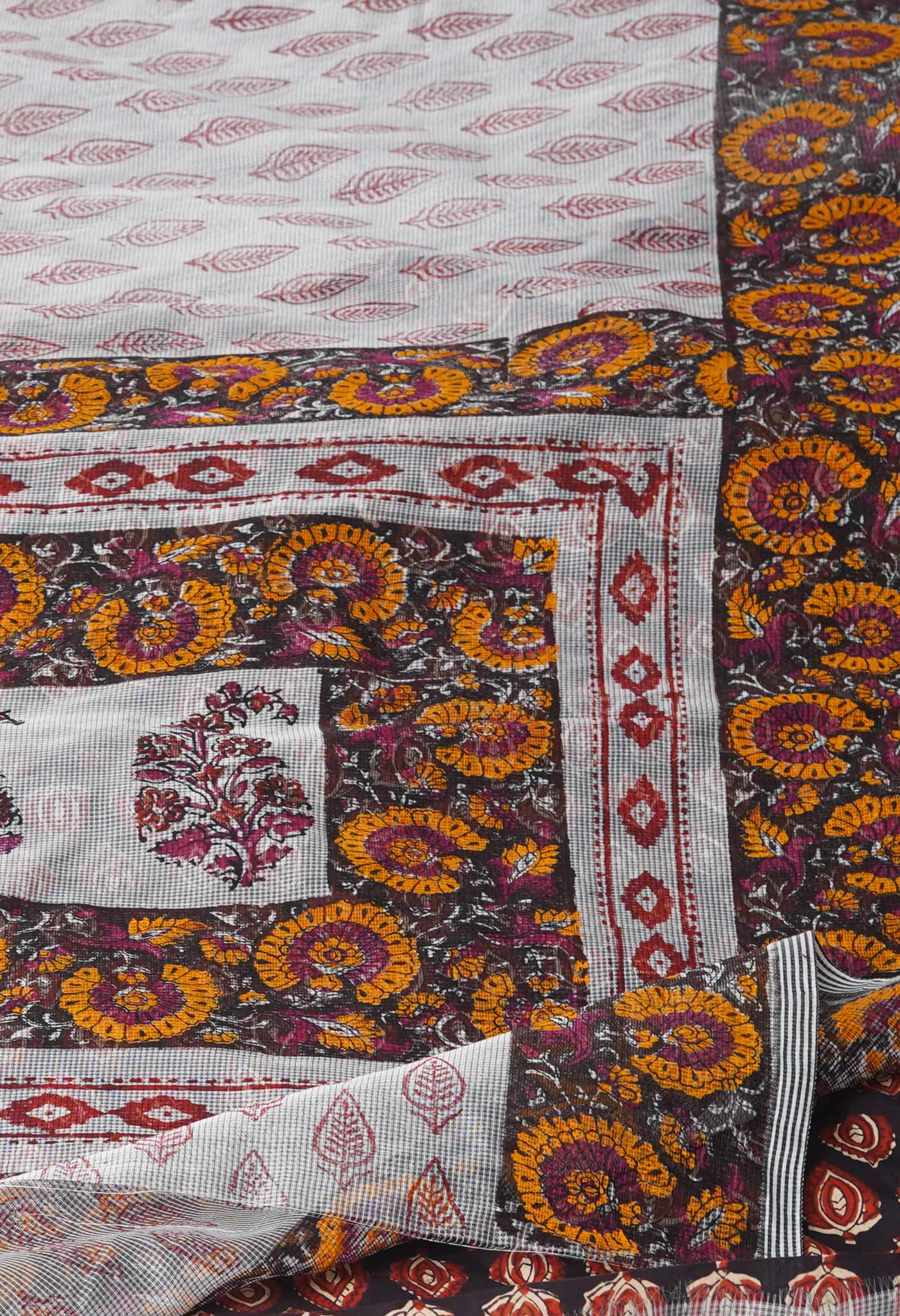 Off White Block Printed Meghalaya Checks Supernet Saree With Bagru Printed BlousePiece-UNM71785