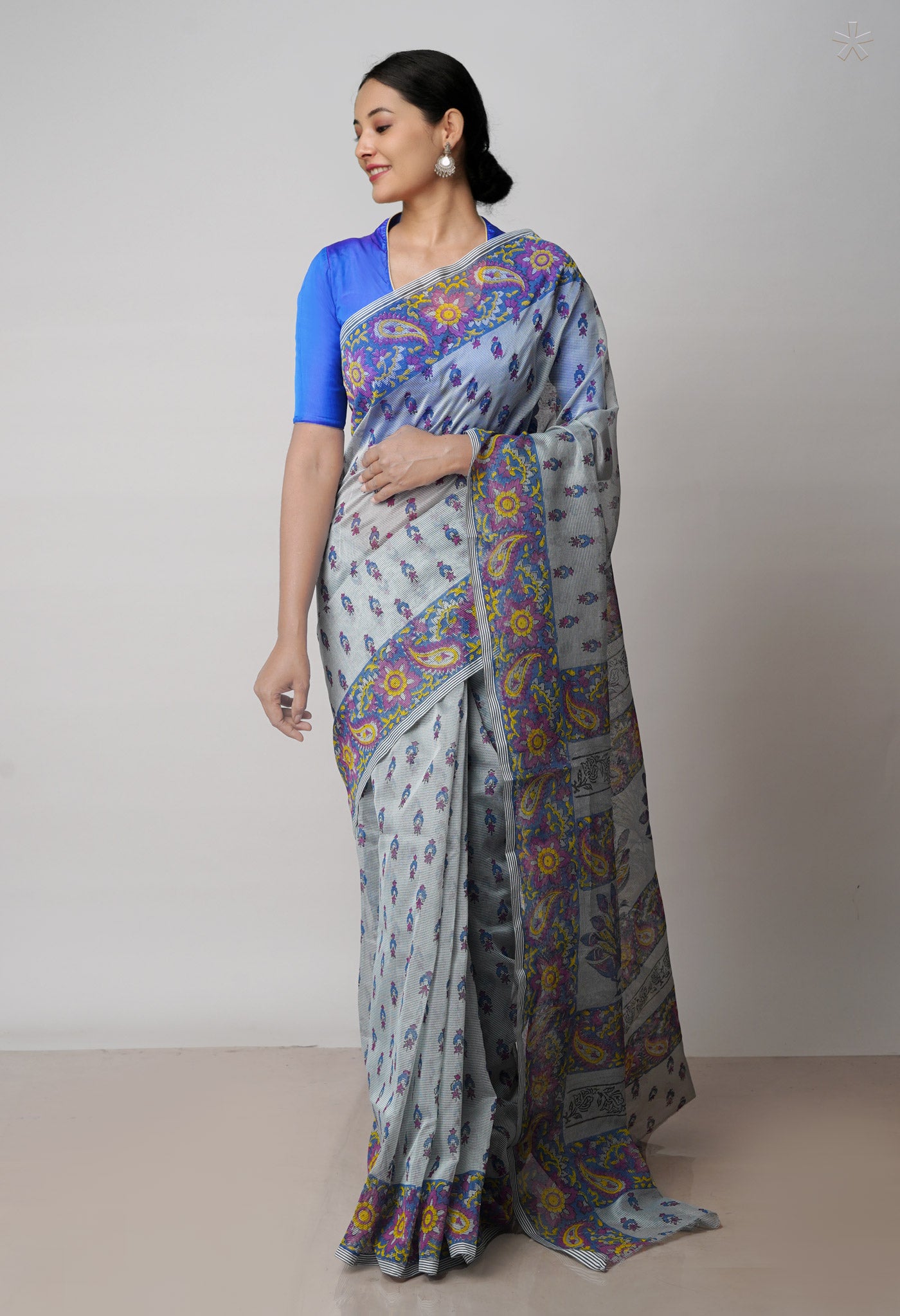 Grey Block Printed Meghalaya Checks Supernet Saree With Dabu Printed BlousePiece-UNM71786
