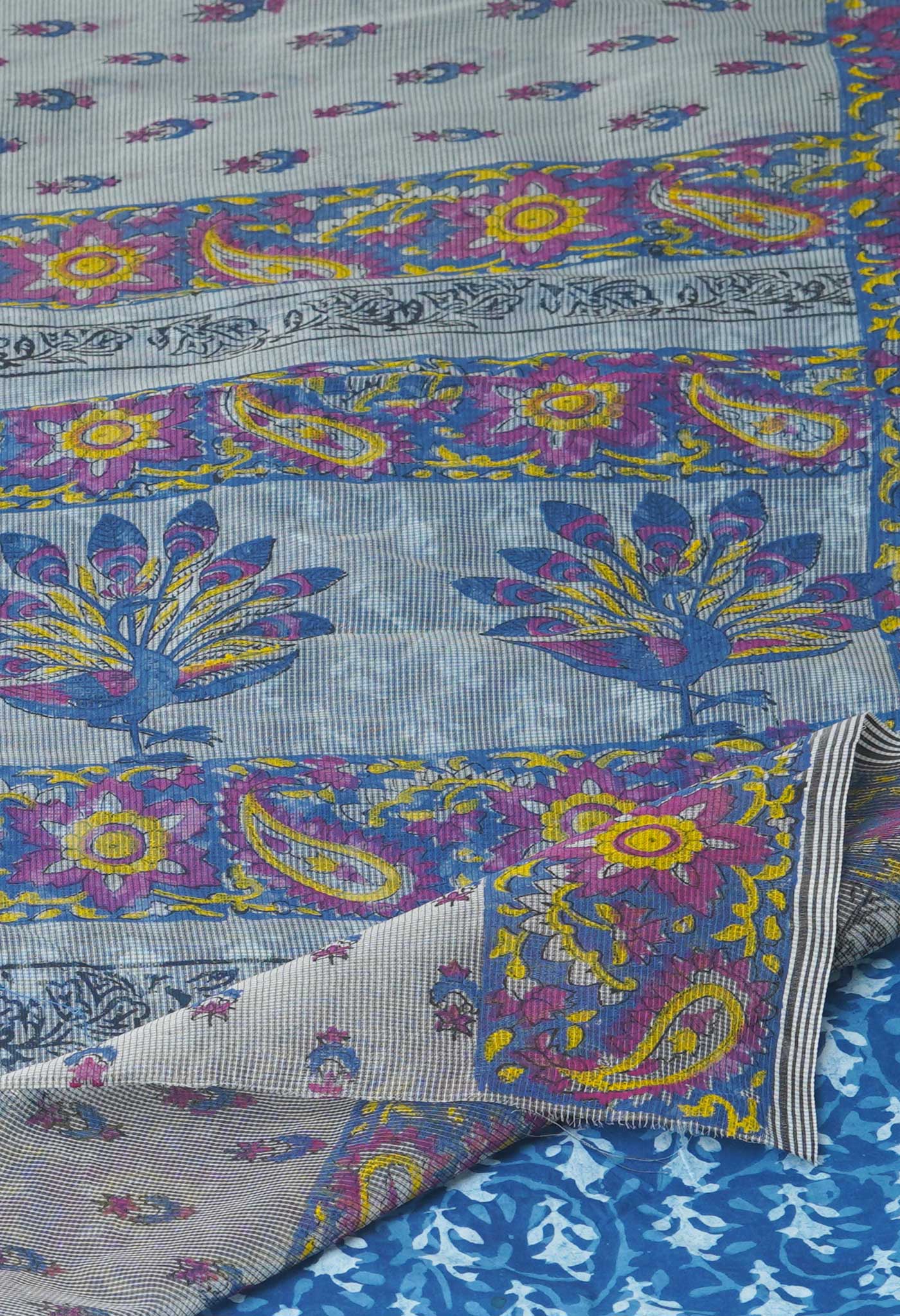 Grey Block Printed Meghalaya Checks Supernet Saree With Dabu Printed BlousePiece-UNM71786