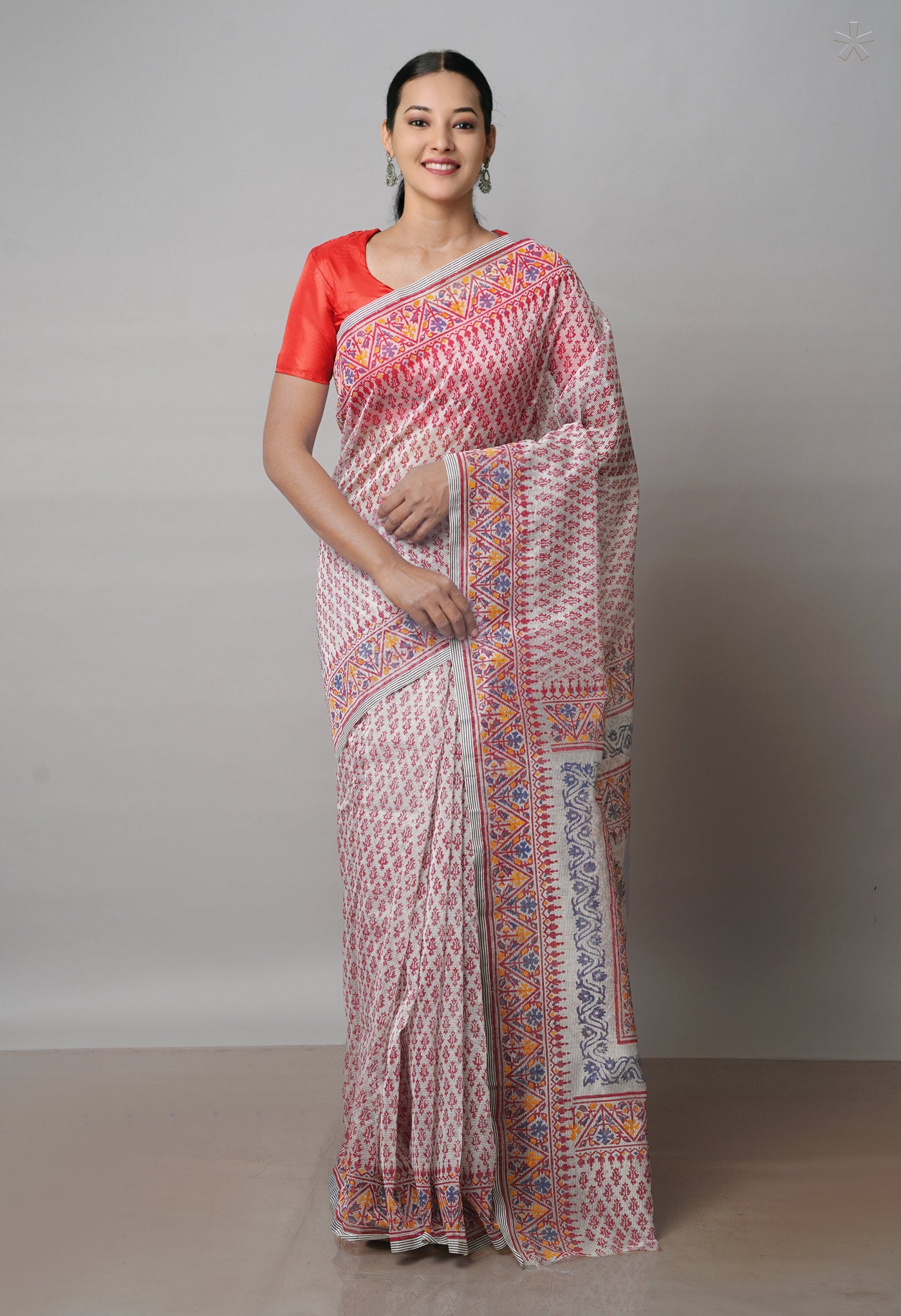 Off White Block Printed Meghalaya Checks Supernet Saree With Ikat Printed BlousePiece-UNM71793