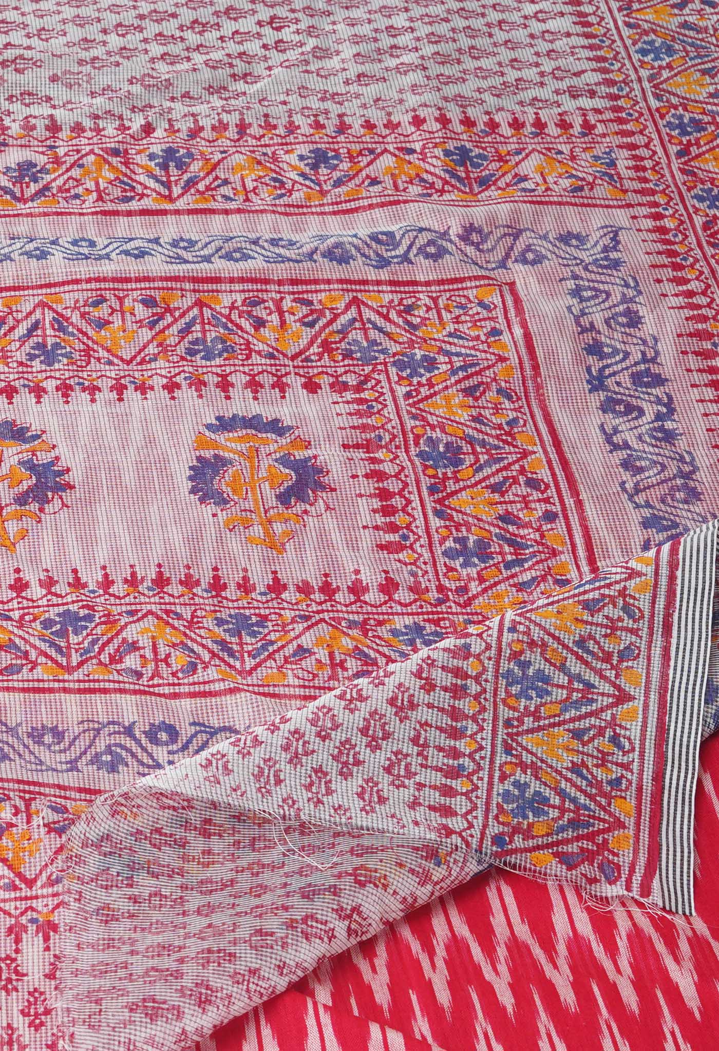 Off White Block Printed Meghalaya Checks Supernet Saree With Ikat Printed BlousePiece-UNM71793