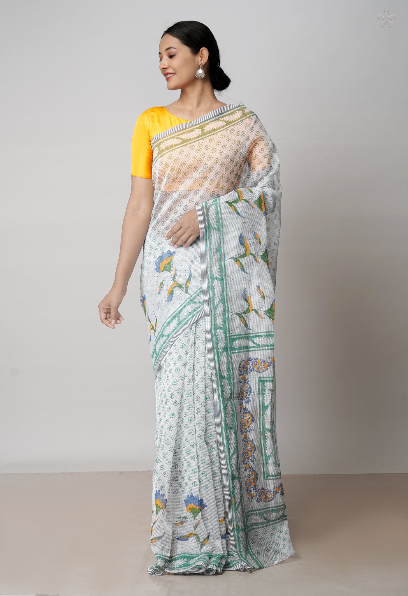 Off White Block Printed Meghalaya Checks Supernet Saree With Ajrakh Printed BlousePiece-UNM71798