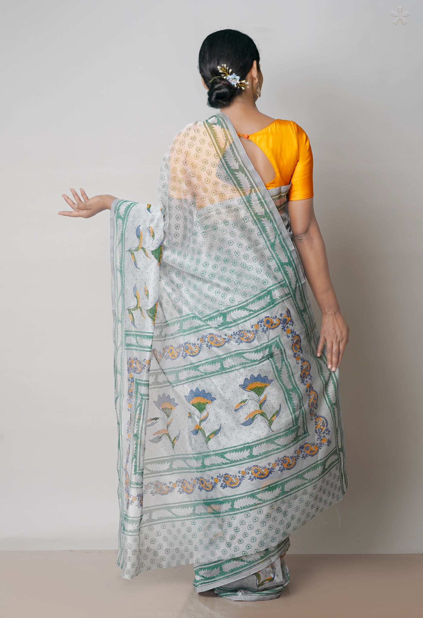 Off White Block Printed Meghalaya Checks Supernet Saree With Ajrakh Printed BlousePiece-UNM71798