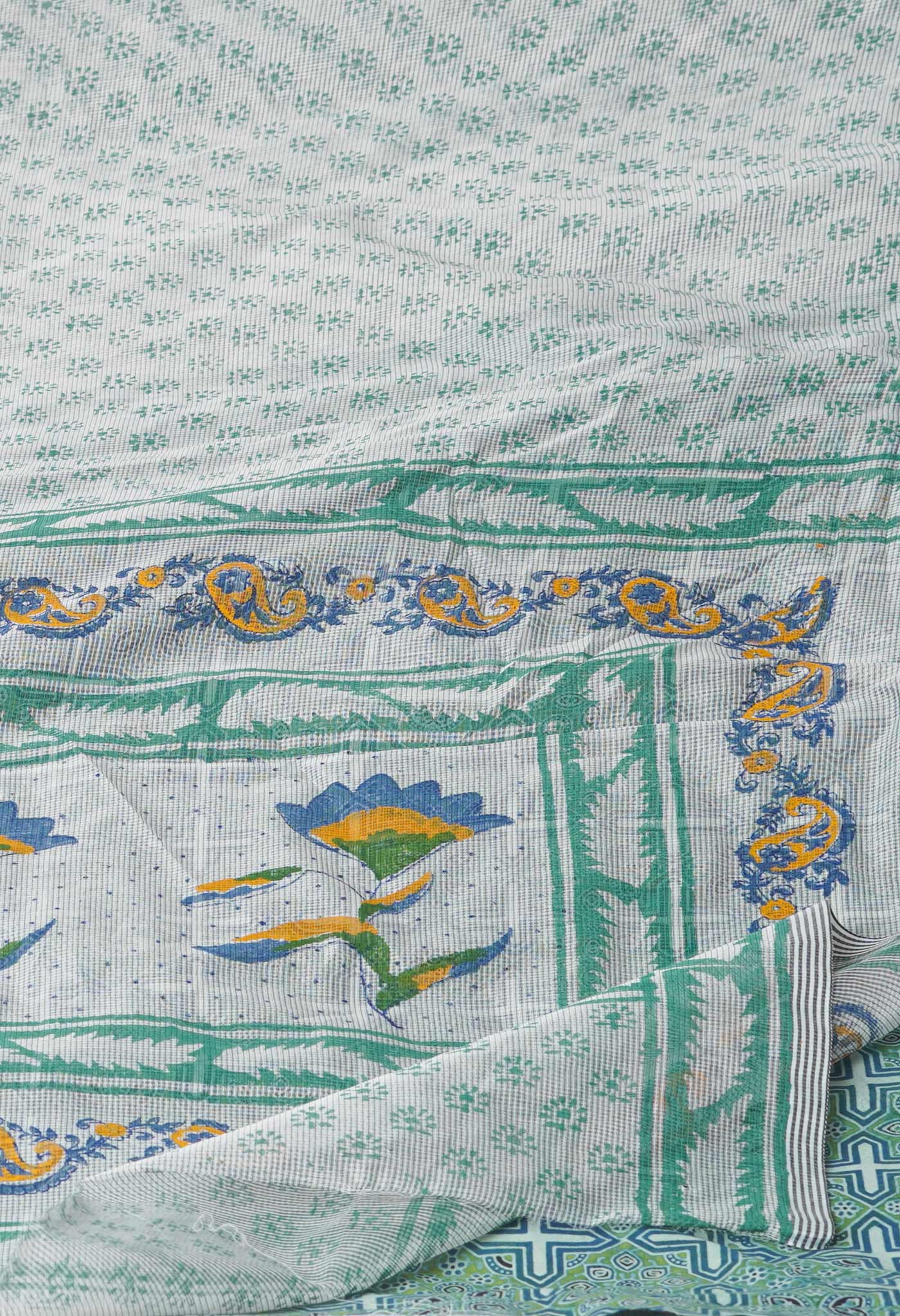 Off White Block Printed Meghalaya Checks Supernet Saree With Ajrakh Printed BlousePiece-UNM71798
