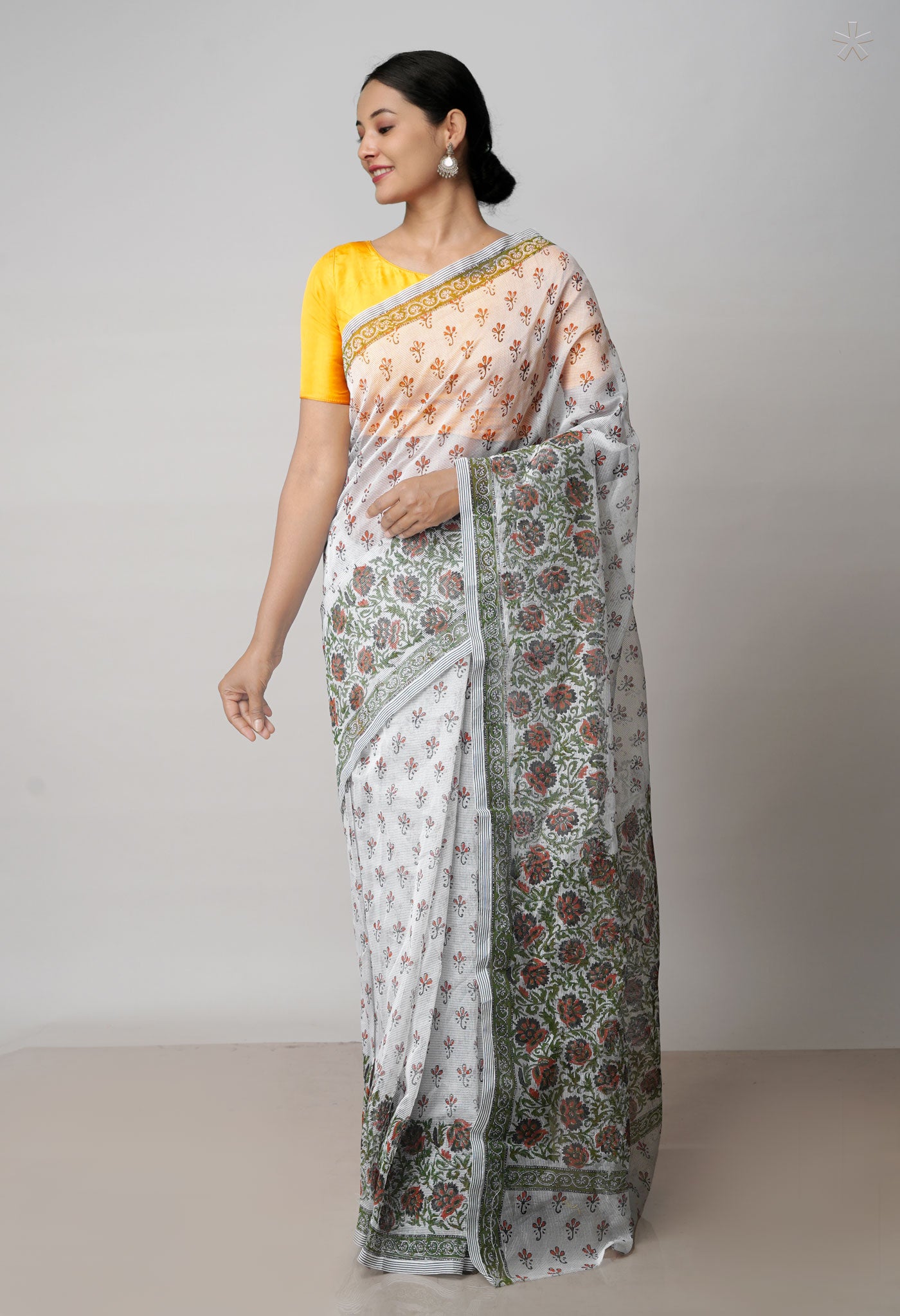 Off White Block Printed Meghalaya Checks Supernet Saree With Kalamkari Printed BlousePiece-UNM71800