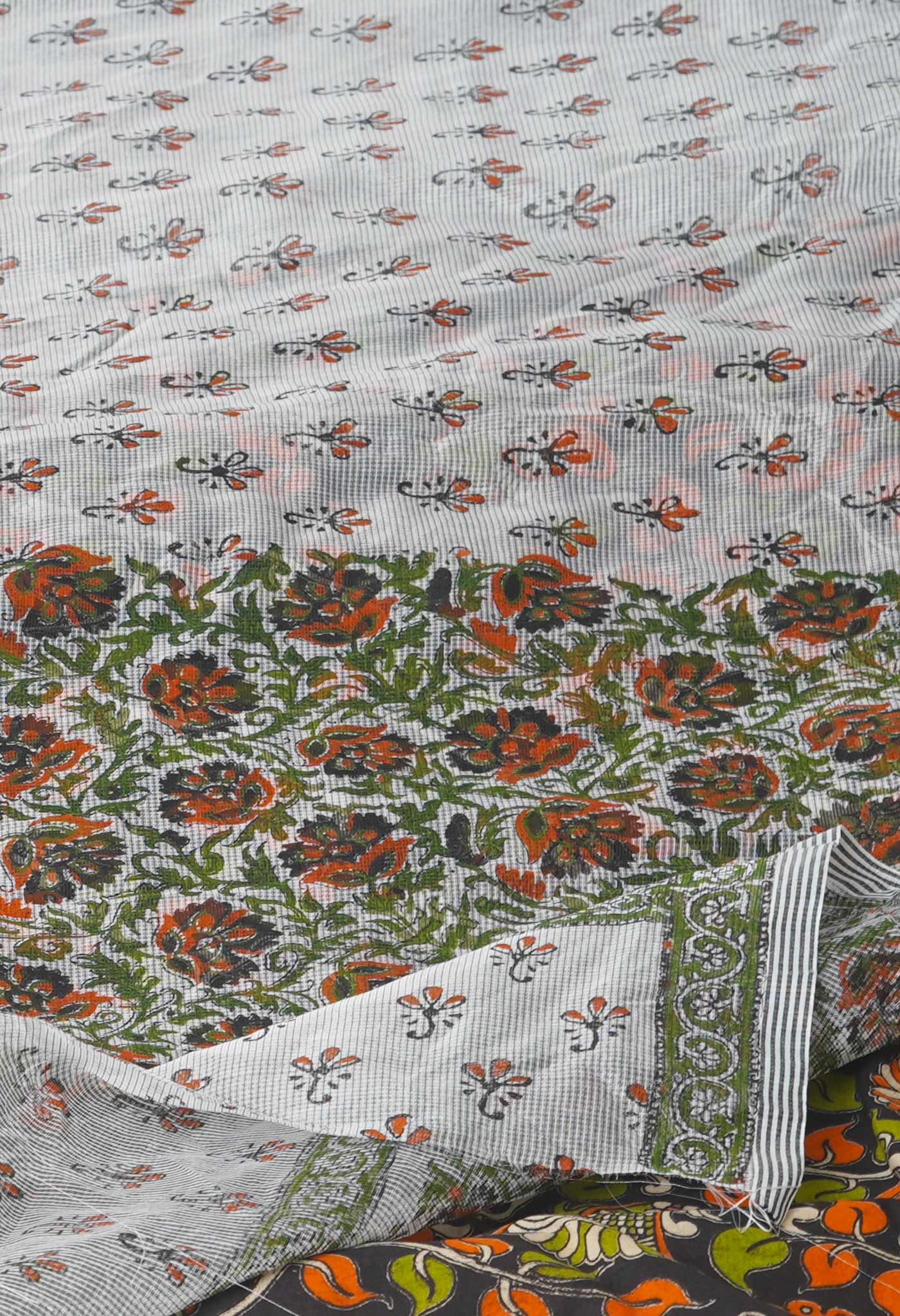 Off White Block Printed Meghalaya Checks Supernet Saree With Kalamkari Printed BlousePiece-UNM71800