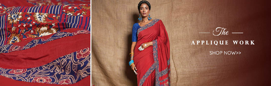 Elegant woman wearing a stylish Applique  Saree with intricate artistic motifs and vibrant colors