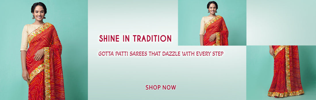 Traditional Indian woman draped in a Gota Patti Saree at a festive celebration