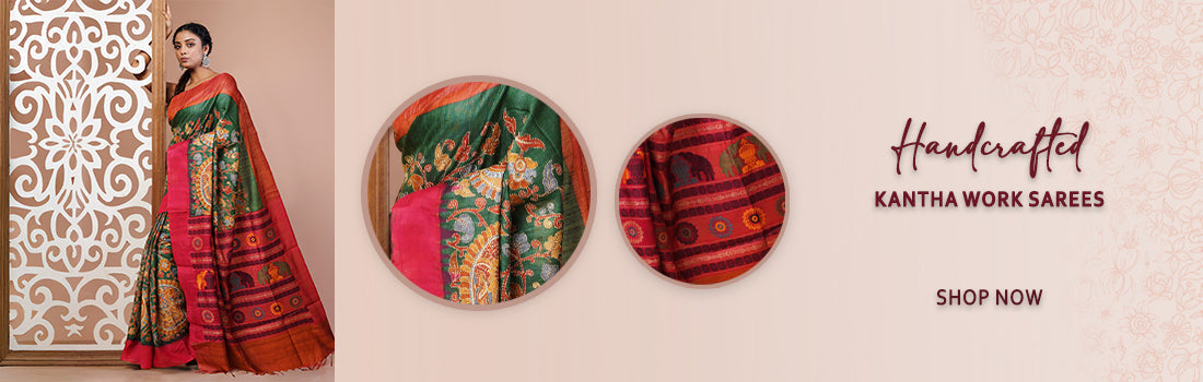 Elegant Woman Wearing Kantha Work Saree with Traditional Embroidery