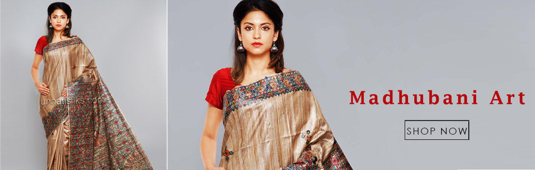 Hand-painted Madhubani Art Saree with traditional motifs