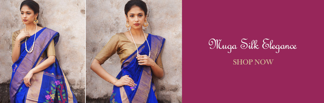 Elegant woman wearing a stylish Muga Silk  Saree with intricate artistic motifs and vibrant colors