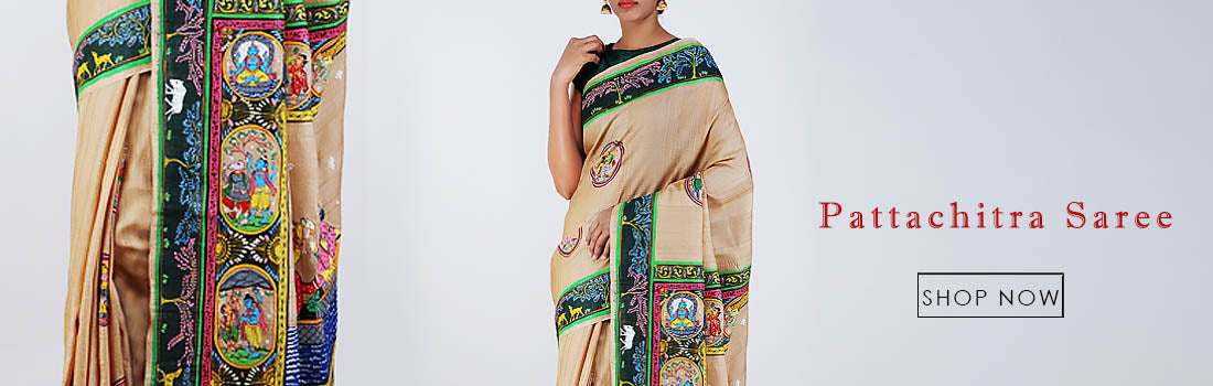 Hand-painted Pattachitra Saree featuring traditional Indian mythological motifs in vibrant natural colors on silk fabric.
