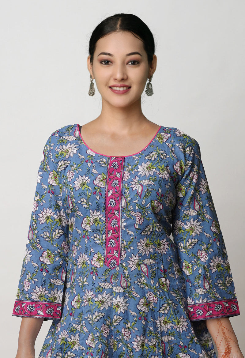 Blue Pure Bagru Floral Printed Cotton Kurta -PKK1917