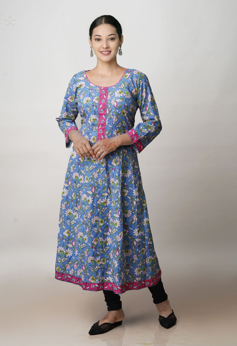 Blue Pure Bagru Floral Printed Cotton Kurta -PKK1917
