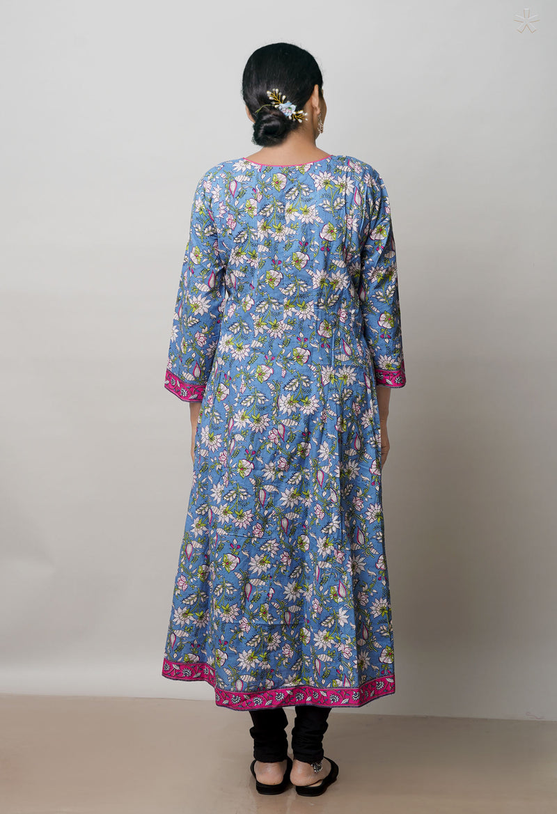 Blue Pure Bagru Floral Printed Cotton Kurta -PKK1917