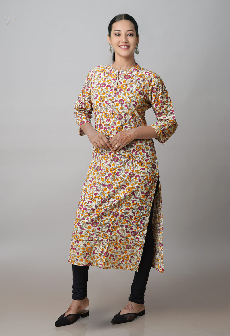 Cream Pure Kalamkari Floral Printed Cotton Kurta-PKK1919