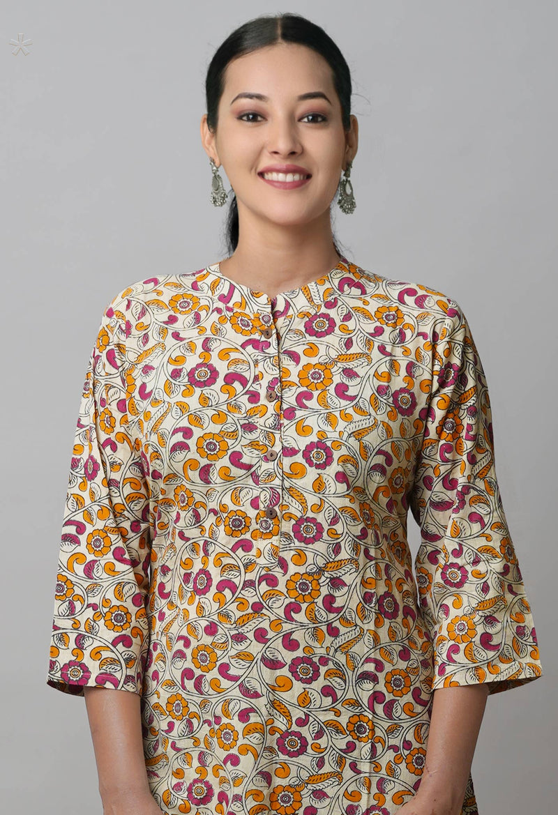 Cream Pure Kalamkari Floral Printed Cotton Kurta-PKK1919