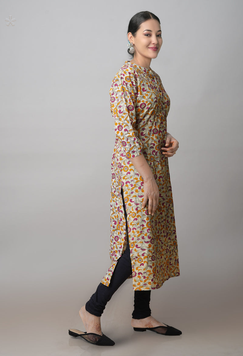 Cream Pure Kalamkari Floral Printed Cotton Kurta-PKK1919