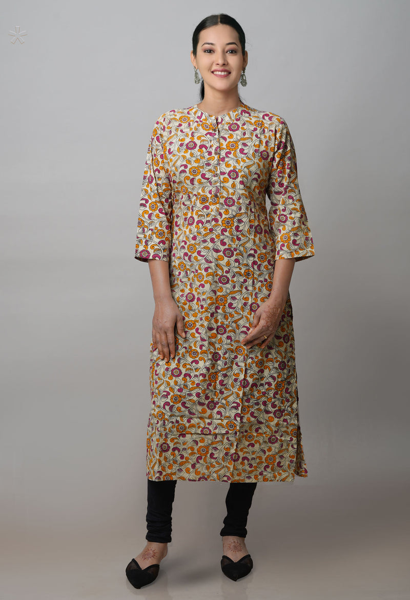 Cream Pure Kalamkari Floral Printed Cotton Kurta-PKK1919