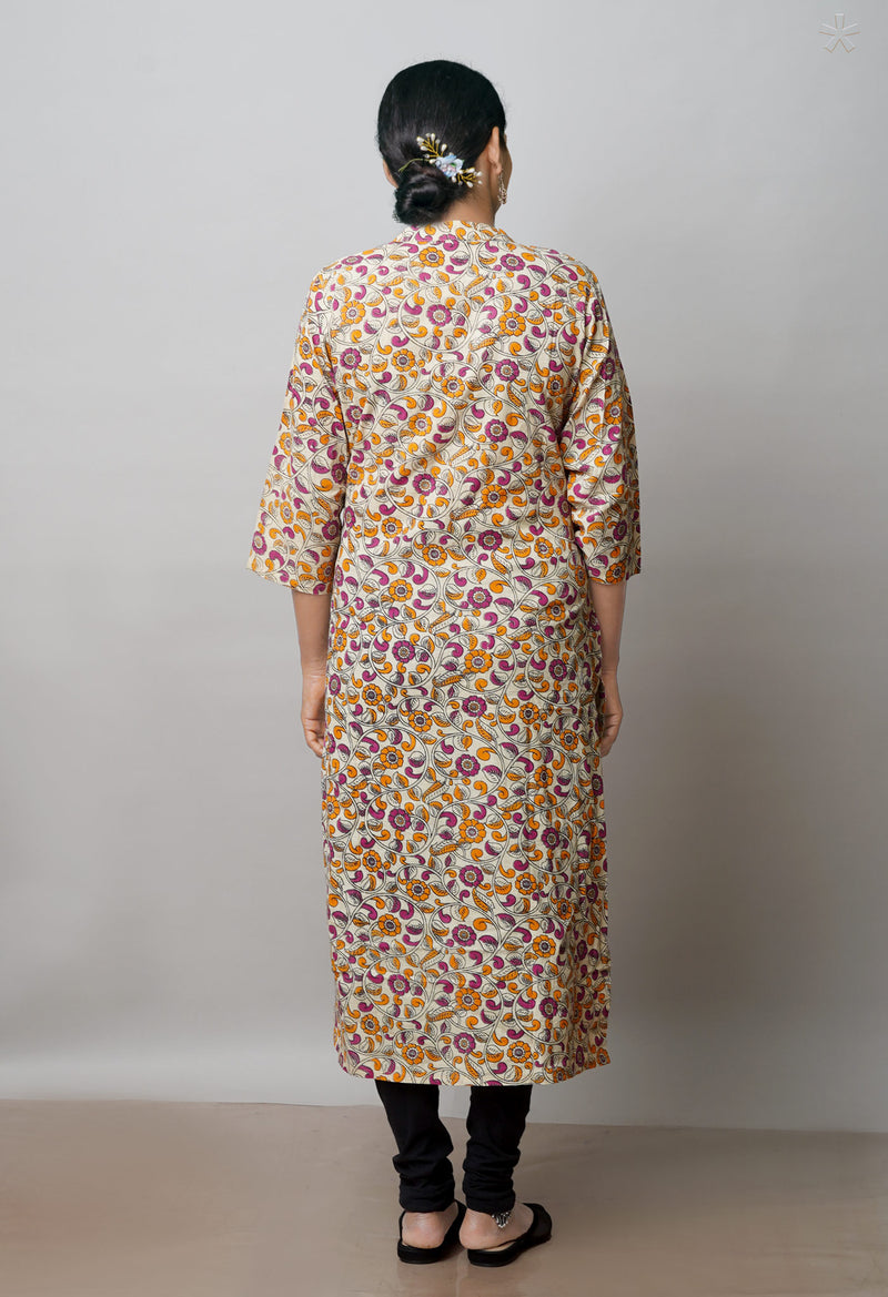 Cream Pure Kalamkari Floral Printed Cotton Kurta-PKK1919