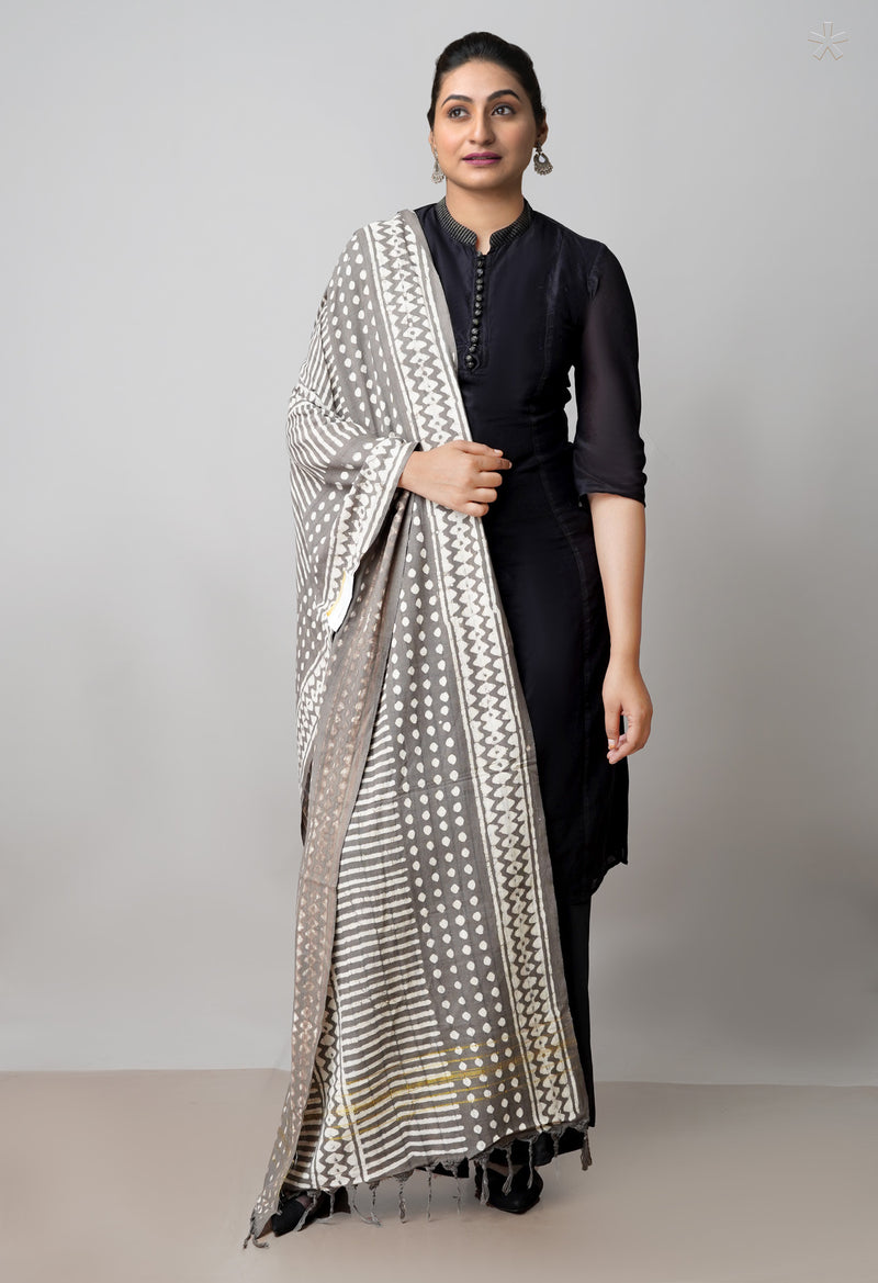 Grey Pure Dabu Printed Mulmul Cotton Dupatta-UDS3183