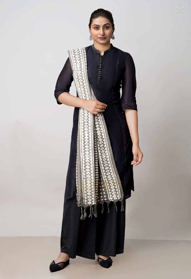 Grey Pure Dabu Printed Mulmul Cotton Dupatta-UDS3183