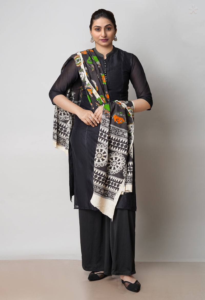 Black Pure Kalamkari Printed Cotton Dupatta–UDS4610