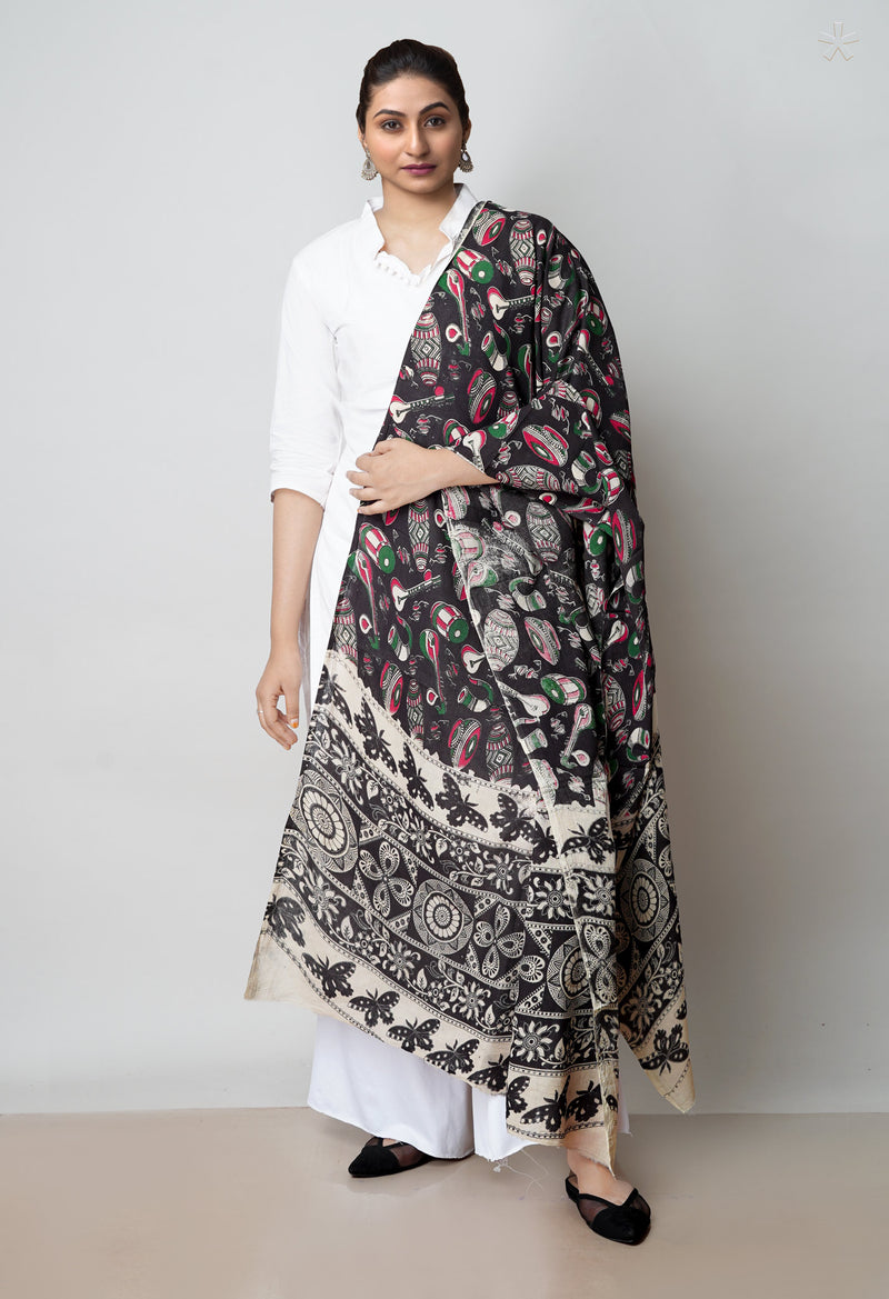 Black Pure Kalamkari Printed Cotton Dupatta–UDS4614