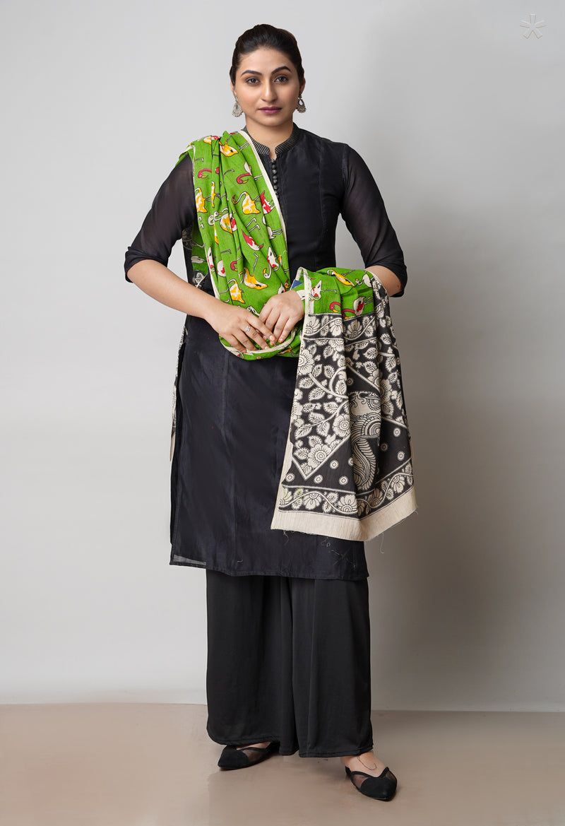 Green Pure Kalamkari Printed Cotton Dupatta–UDS4623