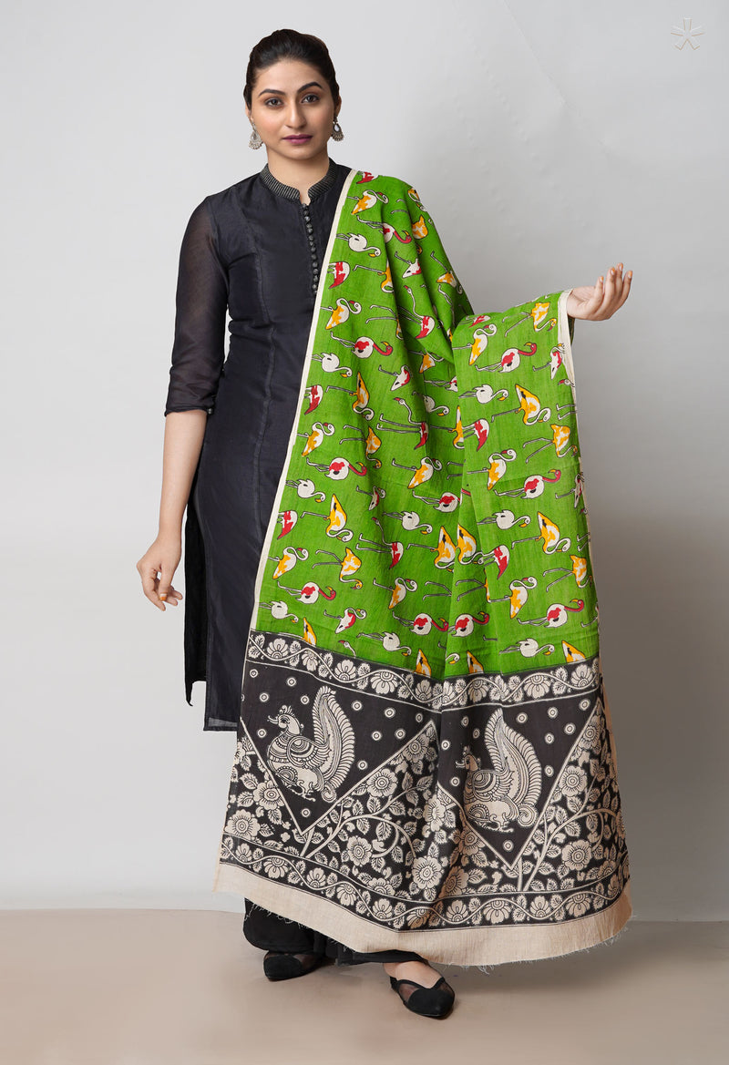 Green Pure Kalamkari Printed Cotton Dupatta–UDS4623