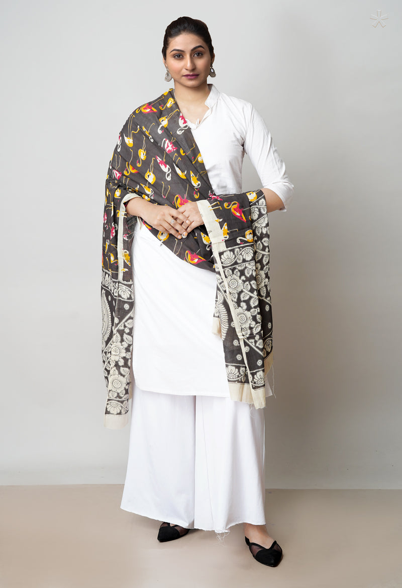 Black Pure Kalamkari Printed Cotton Dupatta–UDS4624